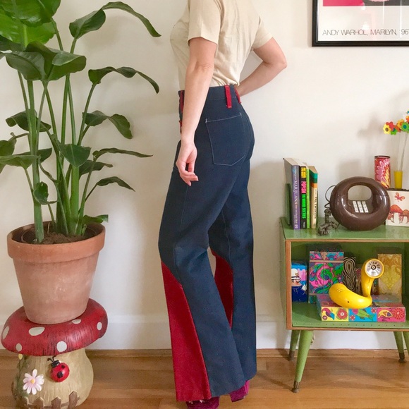 Vintage 60s red color block flares unisex jeans - Picture 2 of 5